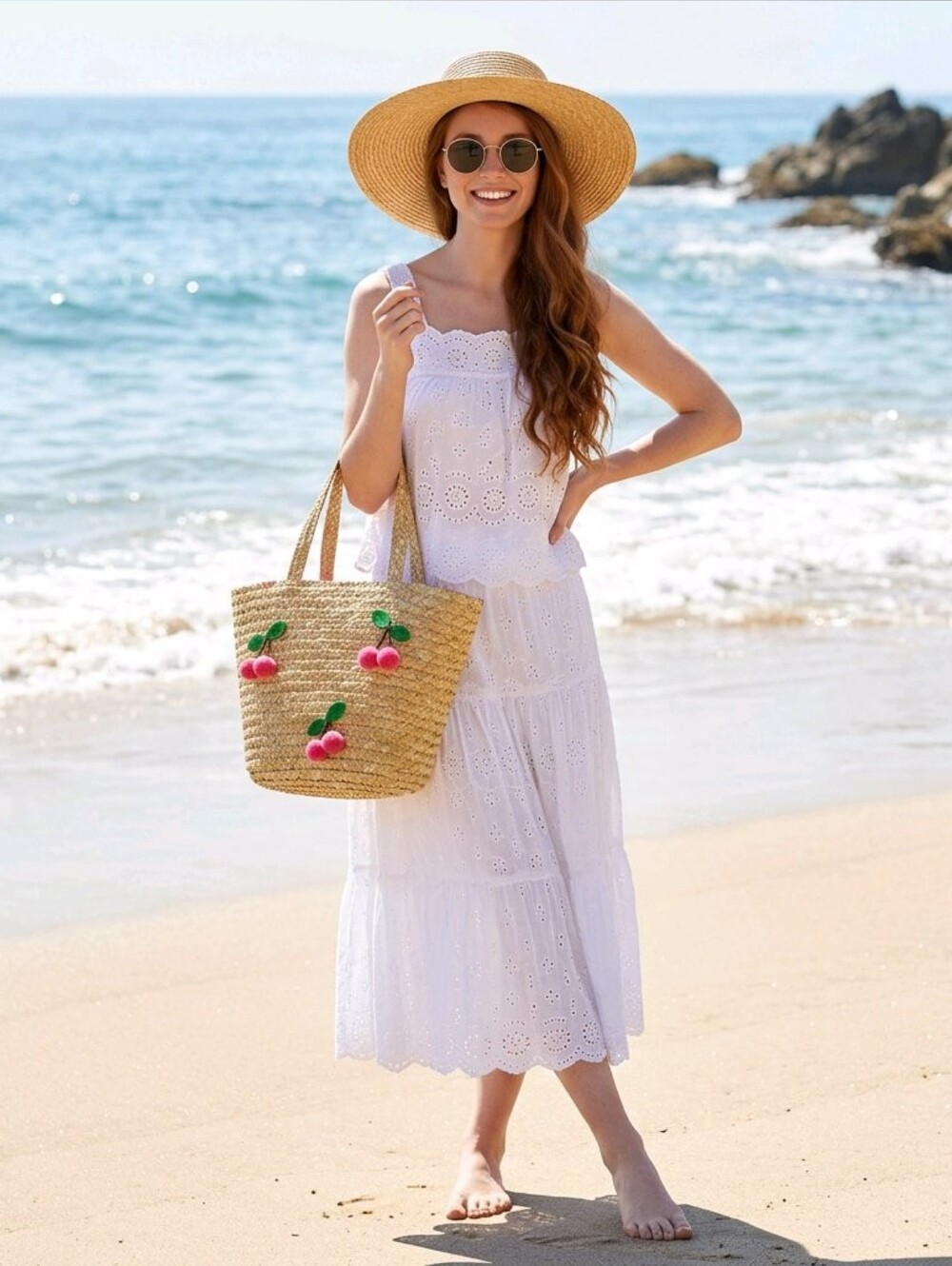 Natural Straw Pink 3D Plush Cherry Tote, New